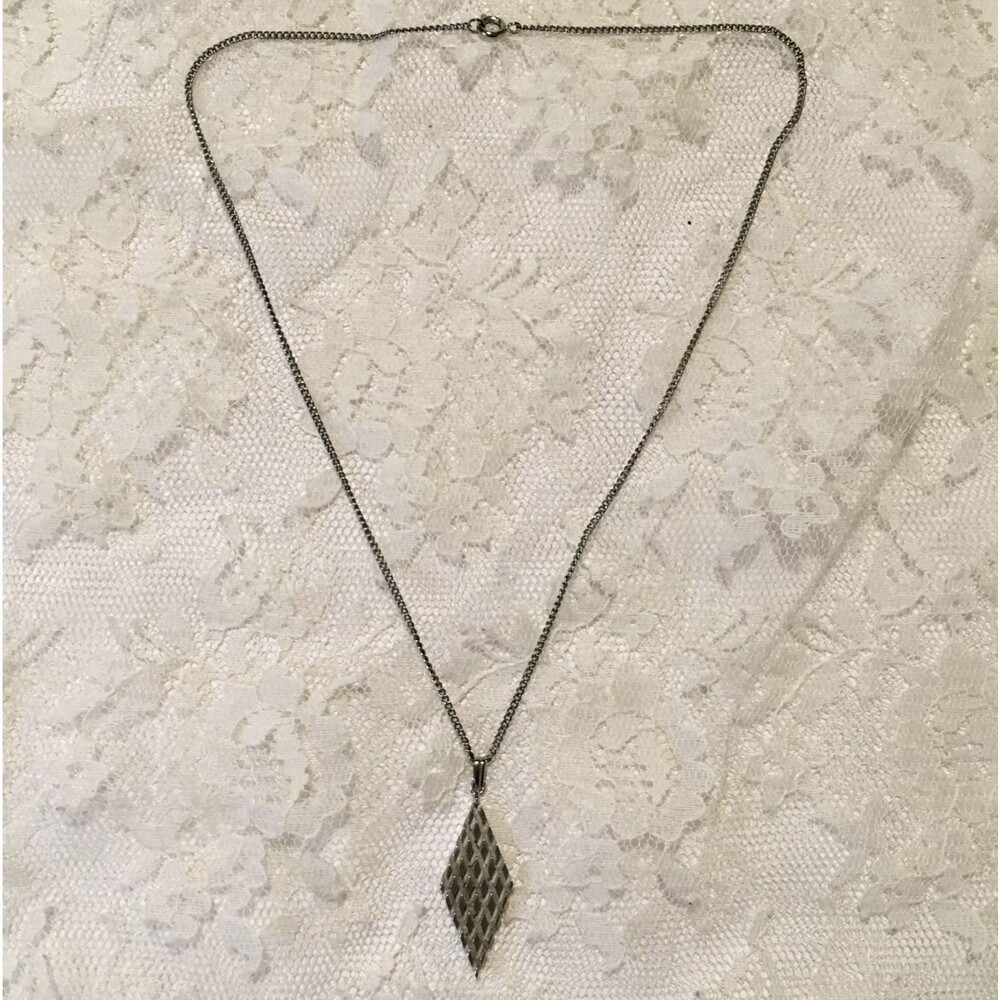 Vintage Geometric Diamond Shape Grid Pendant Necklace Silver tone MCM Jewelry
